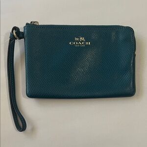 Coach Leather Wristlet Teal Blue Pebbled Pouch with Card Slots